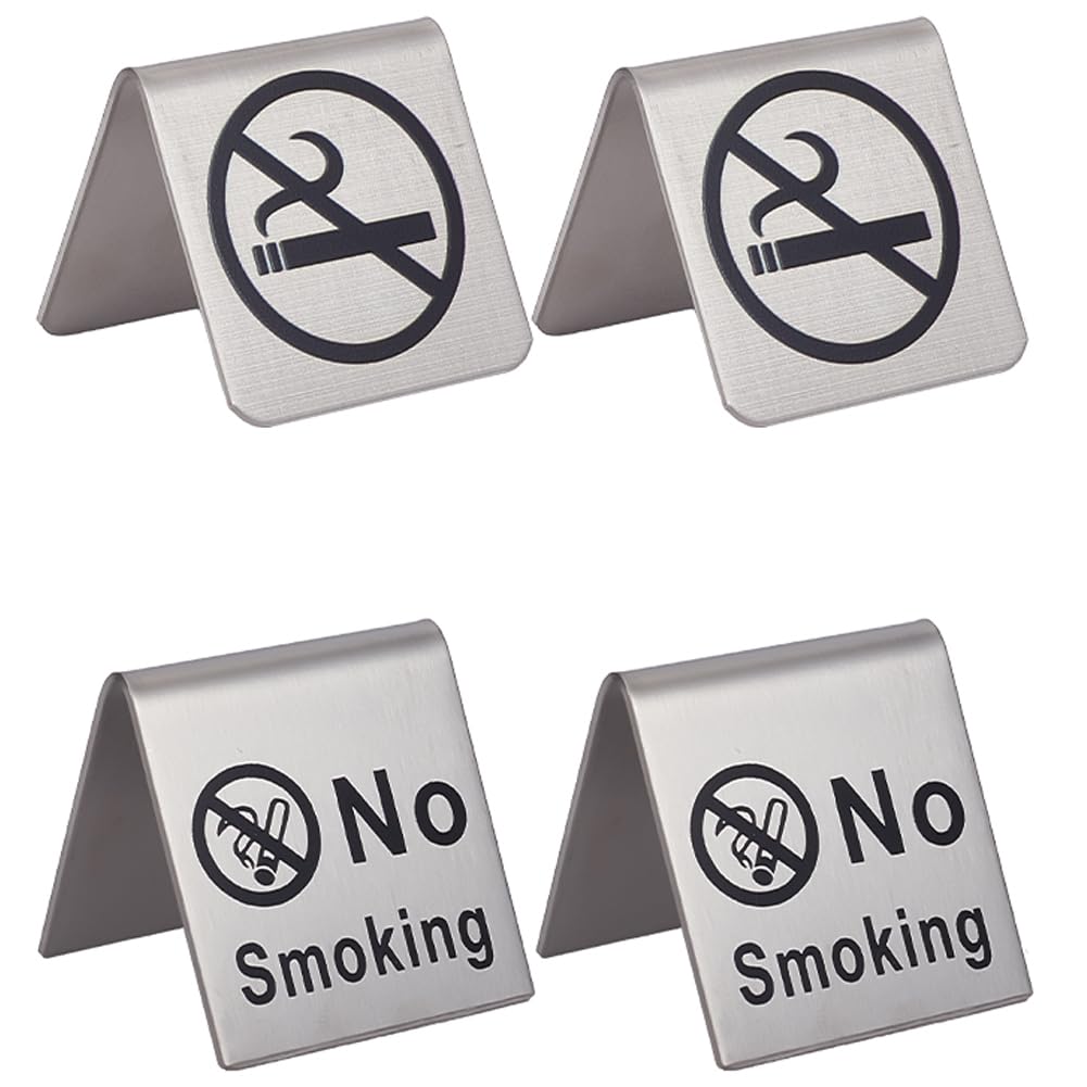 CRASPIRE 4Pcs 2 Styles No Smoking Table Sign Stainless Steel Metal Warning Reservation Non Smoking Desk Logo Display Signs for Restaurant Office Hotel Hospitals Clubs Room Business