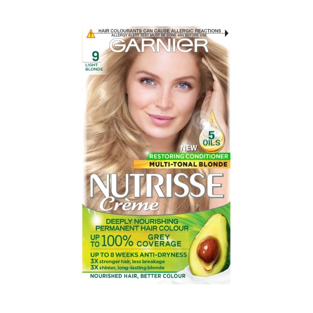 Garnier Nutrisse Permanent Hair Dye, Natural-looking, hair colour result, For All Hair Types, 9 Light Blonde (Packaging may vary) — image 1