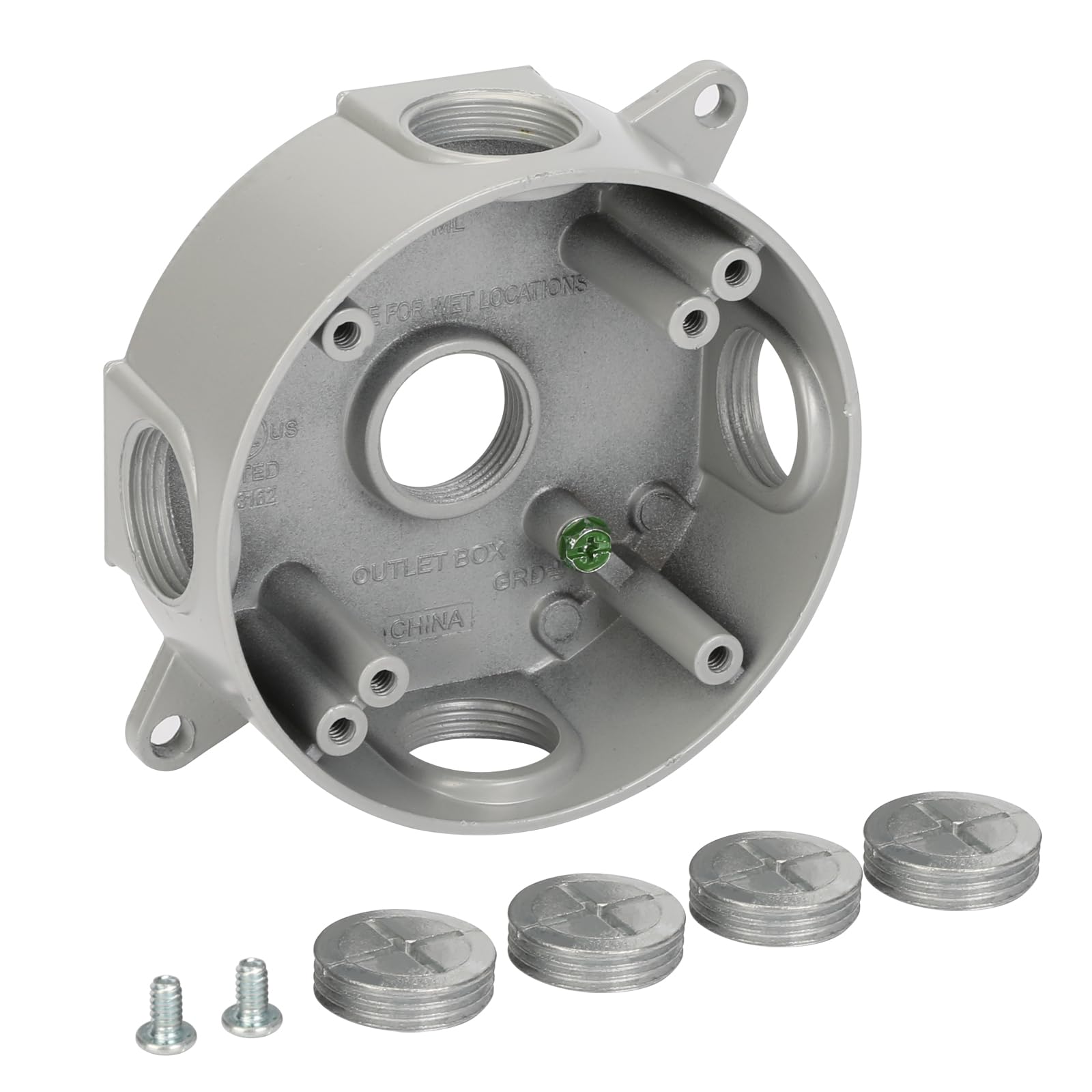 Photo 1 of XGGYA Round Outdoor Electrical Box,Five 0.75”Hole Round Junction Box,Aluminum Construction Outdoor Outlet Box,CUL Listed for Home Improvement,Gray Waterproof Outlet Box(Pack of 1)