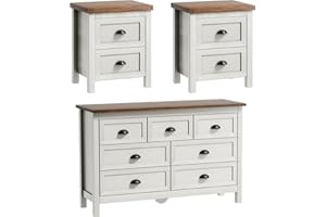 SINROM 3-Piece Dresser Bedroom Set, Farmhouse 7 Drawer Dresser & 2 Drawer Nightstands Set of 2, Chest of Drawers and Night Stand, 3 Pcs Bedroom Furniture Set