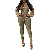 LKOUS Women's Long Sleeve V Neck Jumpsuit,Dressy Casual One Piece Romper Vacation Party Outfits with Pockets