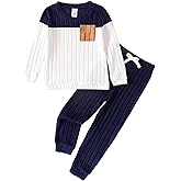 ROMPERINBOX Toddler Boy Clothes Fleece Fall Winter Outfit Color Block Ribbed Long Sleeve Sweatshirt and Pants 2Pcs Set 18M-5T