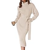 ZESICA Women's Turtleneck Sweater Midi Dress Long Sleeve Ribbed Knit Bodycon Slit Dress with Belt