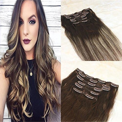 HairDancing 14" Balayage Ombre Colored Clip In Hair Extensions Color #3 Darkest Brown Mixed With #24 Light Blonde Silky Stragigt Thick Seamless Clip In Hair Extensions 7Pcs 120Gram