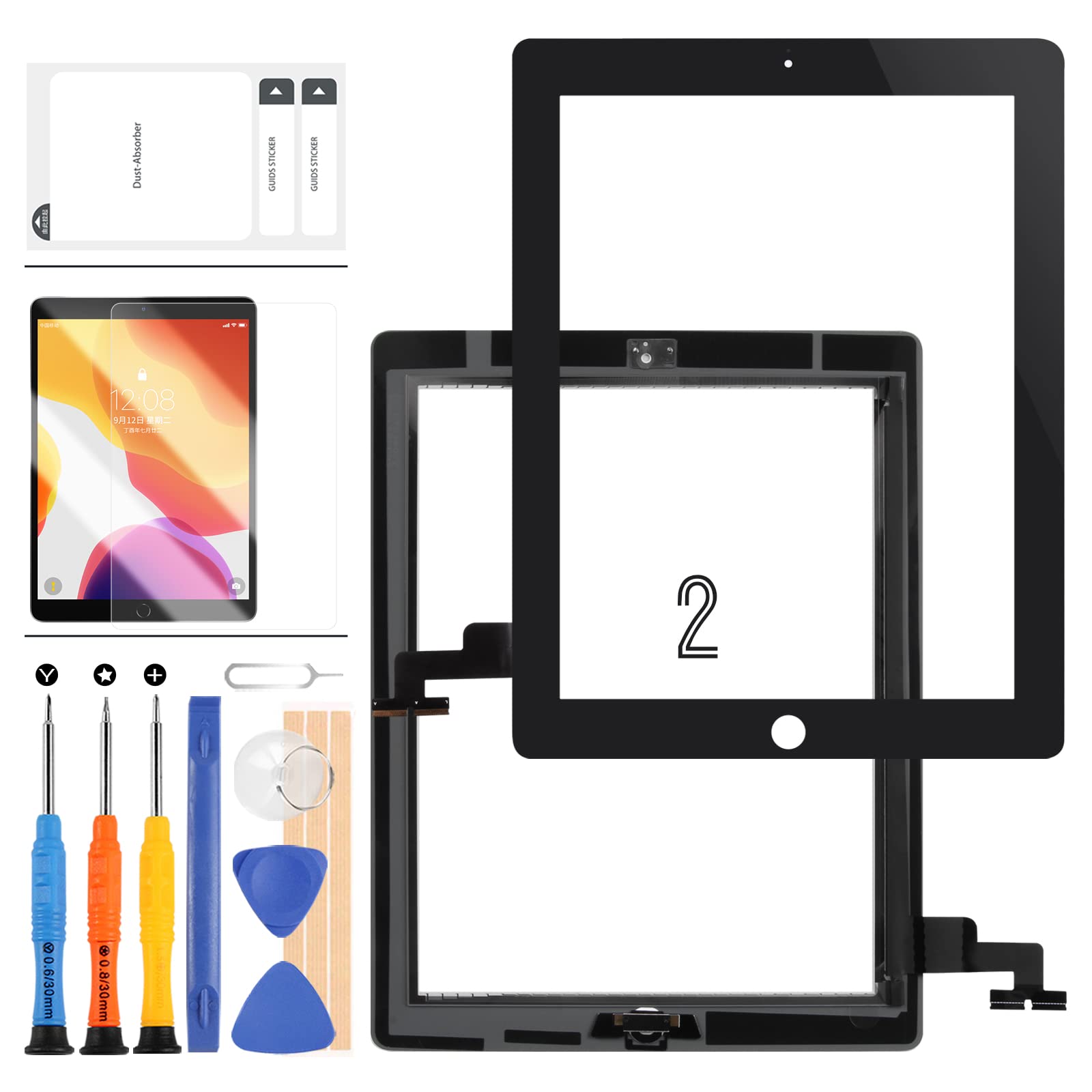 9.7 For iPAD 2 Screen Replacement for iPad2 Touch Screen 2nd Gen A1395 A1396 A1397 Digitizer Sensor Glass Panel Lens Kits With Bezel (Black)