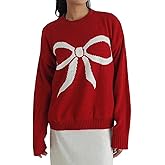 Qmlyev Women Y2K Fall Sweater Cute Bow Print Long Sleeve Cable Knit Pullover Casual Oversized Jumpers for Women