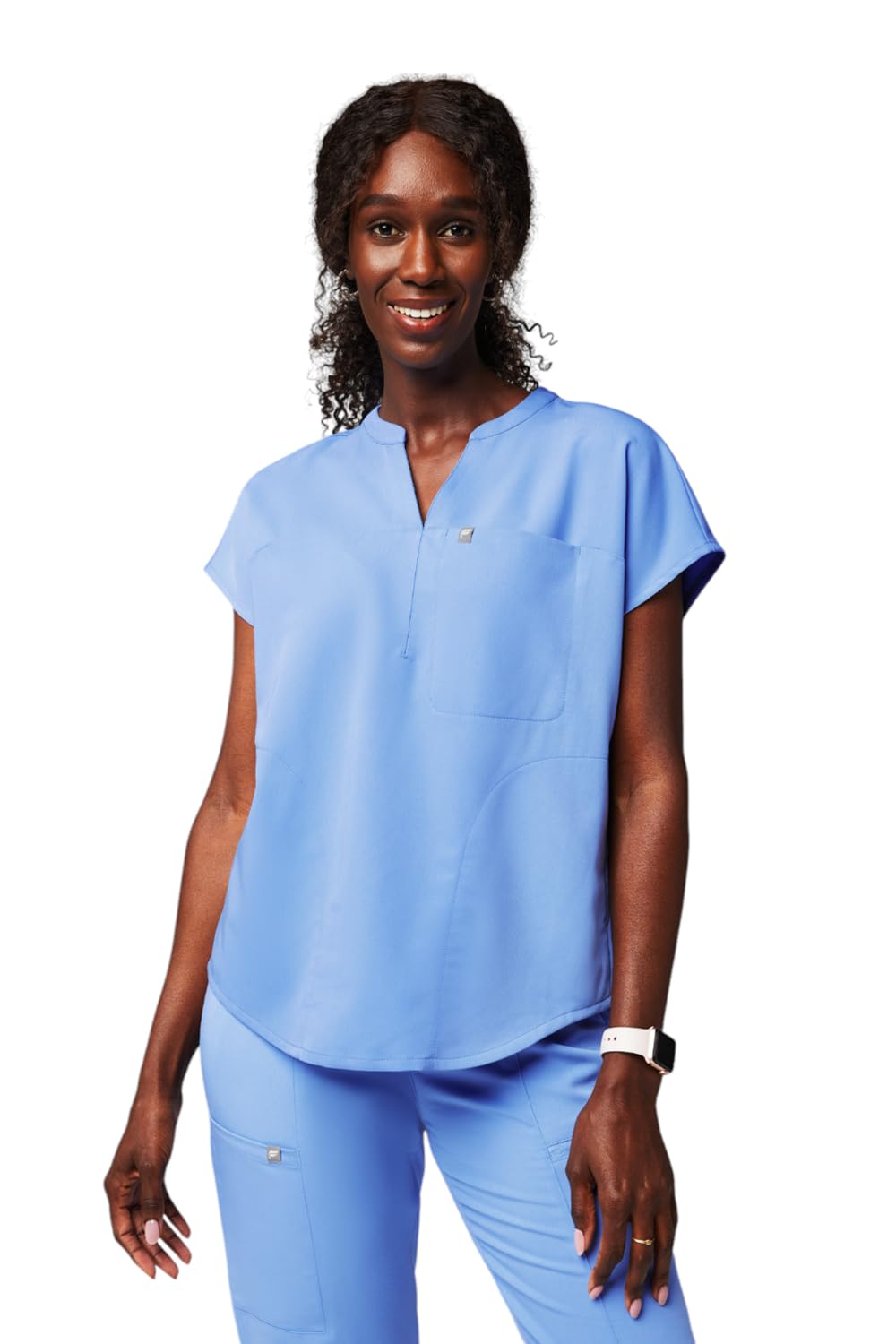 Photo 1 of **MINOR STAIN DAMAGE**Fabletics Women's Evolve 3-Pocket Scrub Top with an Oversized Fit - MotionTech, 4-Way Stretch, Wrinkle-Resist, Anti-Shrink, L, Ceil Blue