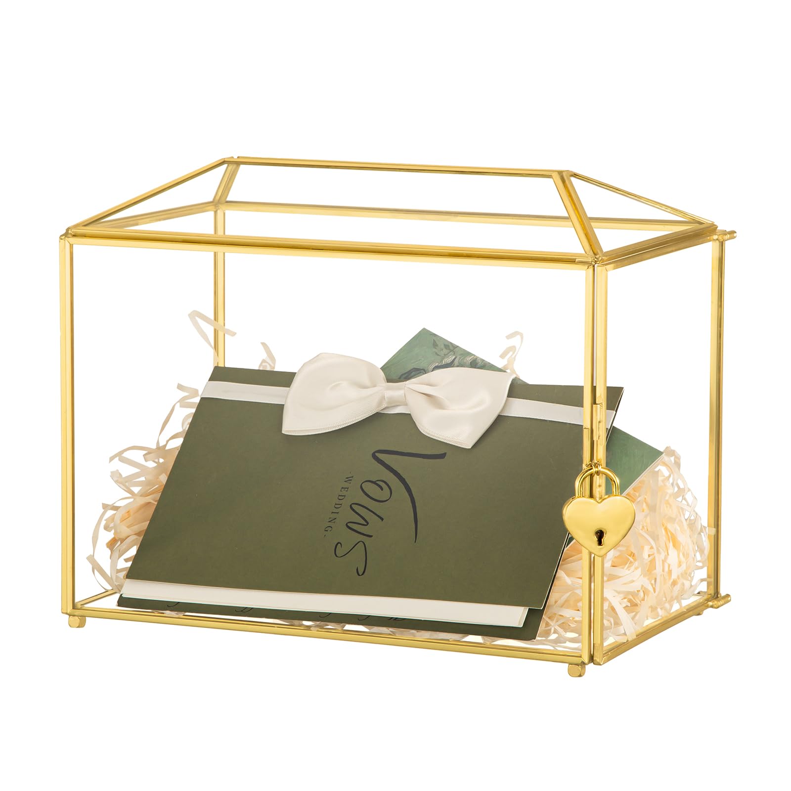 Photo 1 of AihuaAili Glass Wedding Card Box with Lock and Slot, 10.2" x 5.9" x 7.9" Gold Clear Card Box for Wedding Reception, Graduation, Keepsake Display, Party Centerpiece Gift