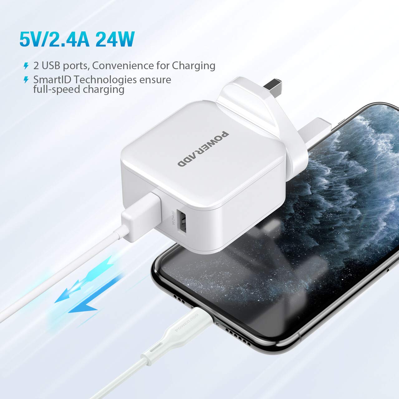 Poweradd USB Plug Charger-24W Dual Port USB Charger 2.4A Output Wall Chargers Power Adapter Compatible with iPhone 11 Pro/XS Max/XR/X/8 Plus, Galaxy, HUAWEI, HTC, Motorola, LG and More-White