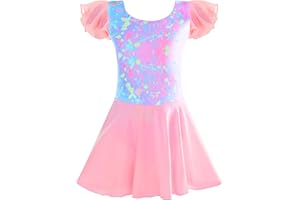 TENVDA Girls Dance Leotards with Skirts Pink Black Toddler Ballet Dress Camisole Ruffle/Short/Long Sleeve for 2-10 Years Kids
