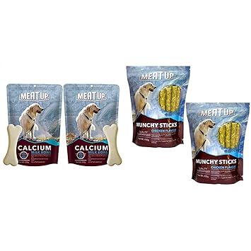 Meat up Calcium Bone Pouch, Dog Treats - 25 Pieces (230 gm) (Buy 1 GET 1 Free) & Meat Up Munchy Sticks, Chicken Flavour, Dog Treats, 400 g (Buy 1 Get 1 Free)