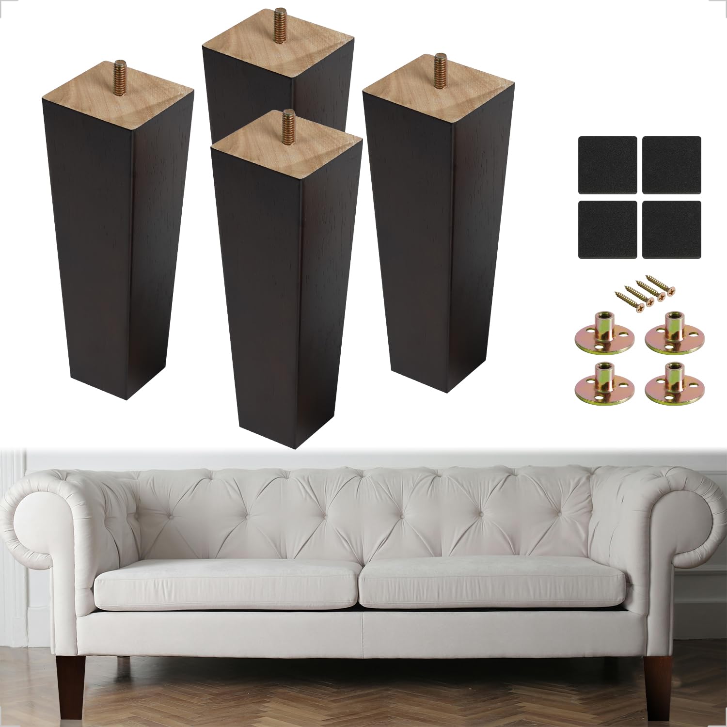 Photo 1 of HAUSIST 8 Inch Wood Furniture Legs - Set of 4, Solid Wooden Square Couch Sofa Replacement Legs, Mid-Century Modern Feet for Coffee Table, Dresser, Ottoman, Bench, Armchair, Cabinet, Bed - Brown