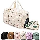 Strawberry Duffel Bag for Girls,Corduroy Gym Bag with Shoe Compartment & Wet Pocket,Cute Travel Weekend Overnight Dance Bag for Teens (white)