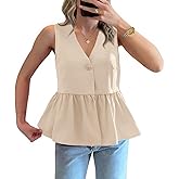 Tankaneo Womens V Neck Babydoll Tank Tops Ruffle Hem Flowy Sleeveless Shirts Summer Casual Button Down Tops