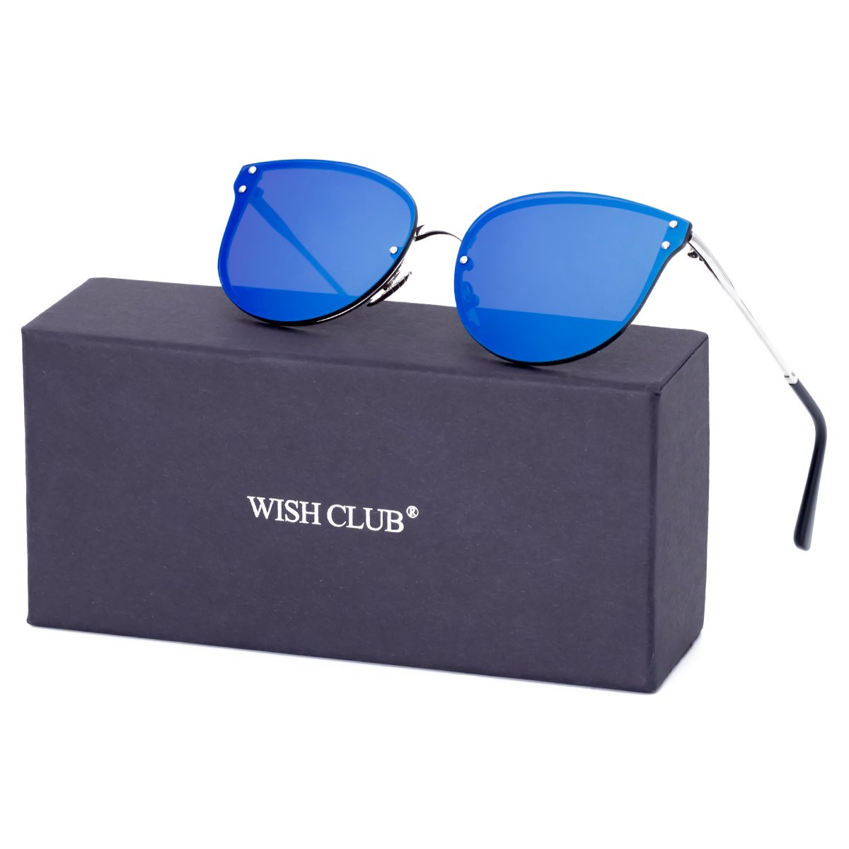 WISH CLUB Women Blue Oversized Cat Eye Sunglasses Designer Rimless Flat Mirrored Lenses Glasses