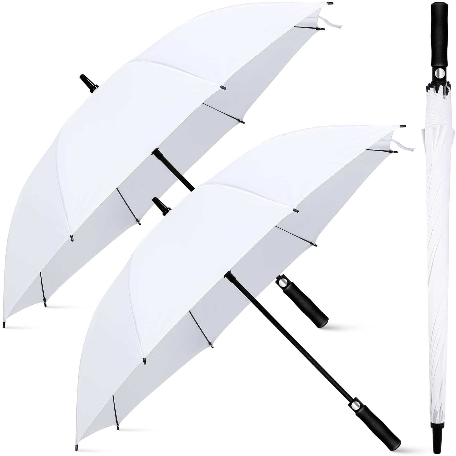 Weewooday 2 Pcs Large White Golf Wedding Umbrella 47.2 Inch Automatic Travel Umbrellas Windproof Plastic Handle Umbrella Brolly Photographer Parasol for Wedding Bride Groom Party