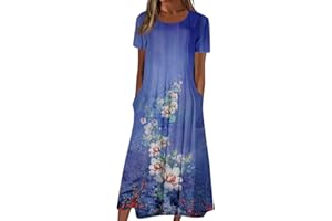 EKVAHL Summer Dresses for Women 2024 Vacation Plus Size Crewneck Short Sleeve Beach Floral Tshirt Sundress with Pocket