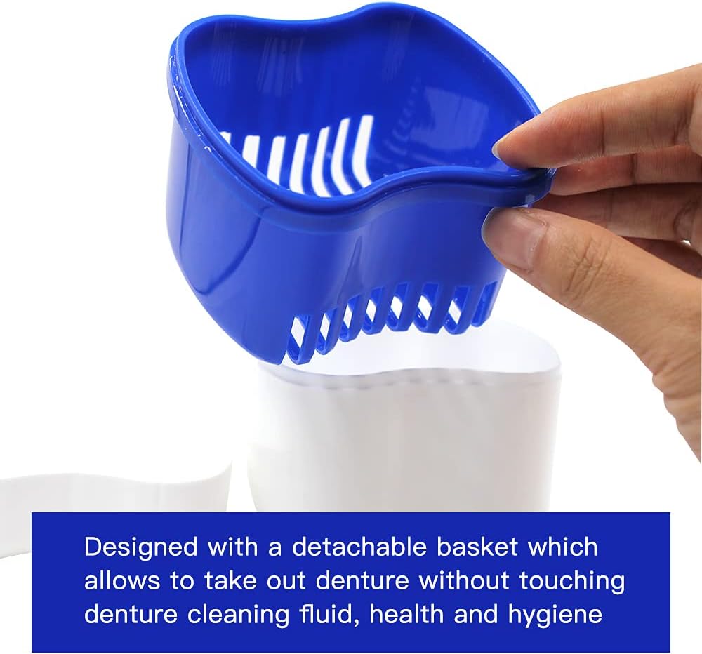 2 Packs Denture Bath Cases and 2 Packs Denture Cleaner Brushes kit, Portable Professional Denture Cups Denture Boxes Dentures Container with Removable Basket for Home Use (Blue, Pink, Purple): Health & Personal Care