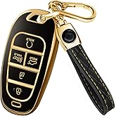 Lucrum Compatible with Hyundai Key Fob Cover & Leather Keychain, Keyfob Case for Santa Fe, Sonata, Tucson, Grandeur, Ioniq 5, Palisade, Nexo - For 5 Button Remote (2019-2025) - Black and Gold