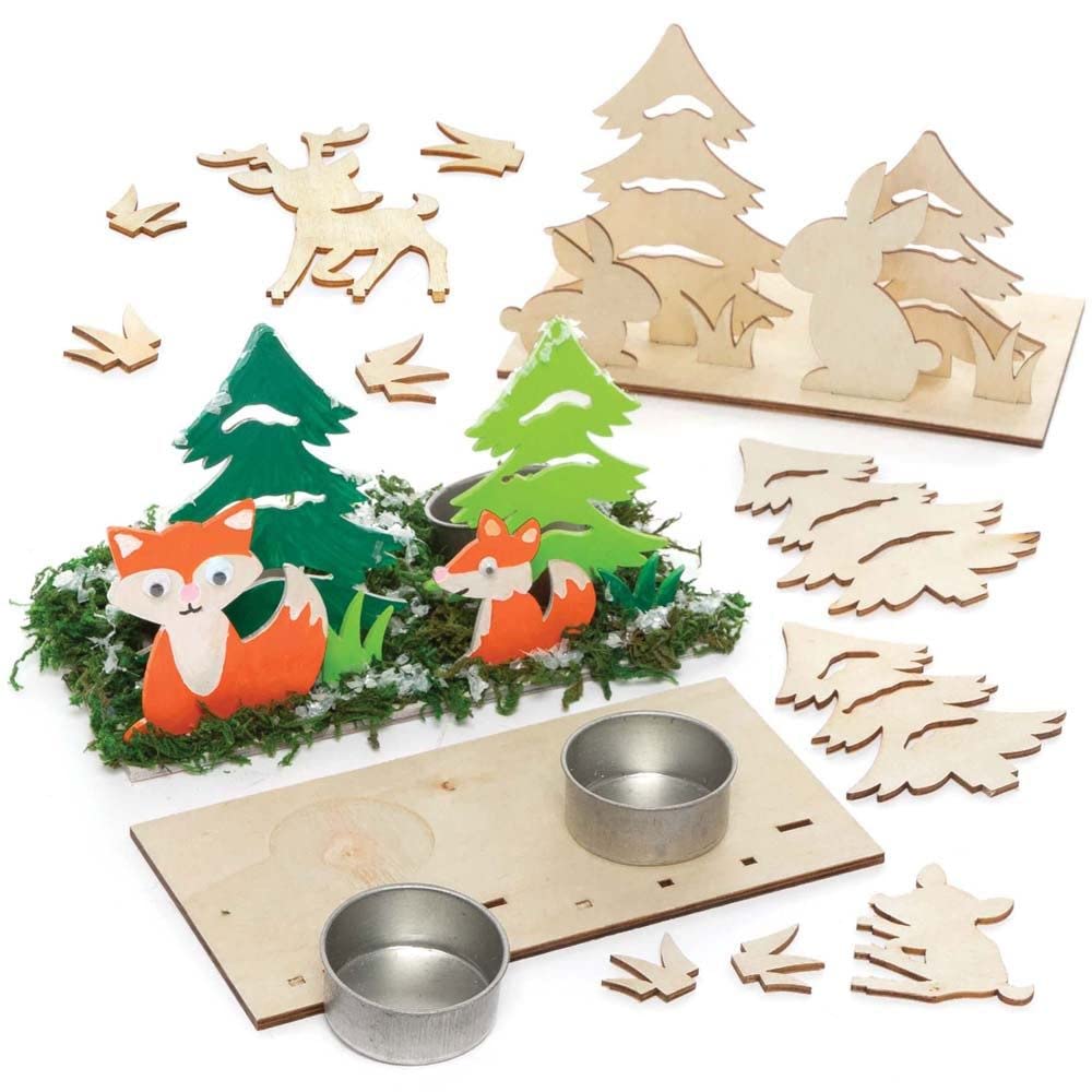 Baker Ross FC297 Woodland Animal Wooden Tealight Kits - Pack of 3, Tealight Holder to Decorate and Display, Wooden Crafts for Children, Ideal Kids Arts and Crafts Project