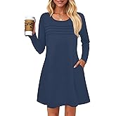 Wenrine Womens Long Sleeve Dress Fall Casual T Shirt Loose Fit Pleated Front Mini Dresses with Pockets