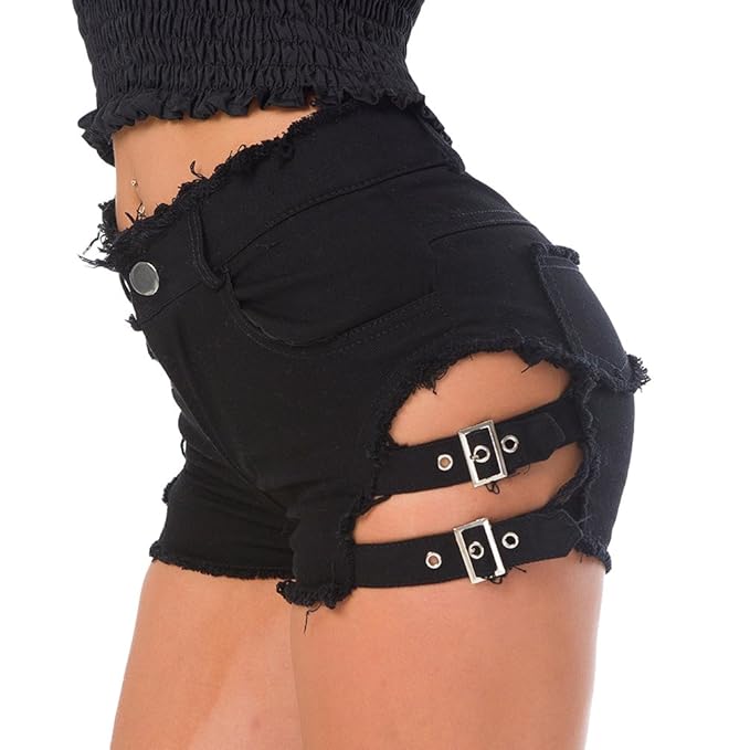 Yuanu Damen Sexy Nachtclub Abend Distressed Ultra-Shorts Sommer Hohe Taille Knöpfe Reißverschluss Jeans Hotpants mit Taschen
