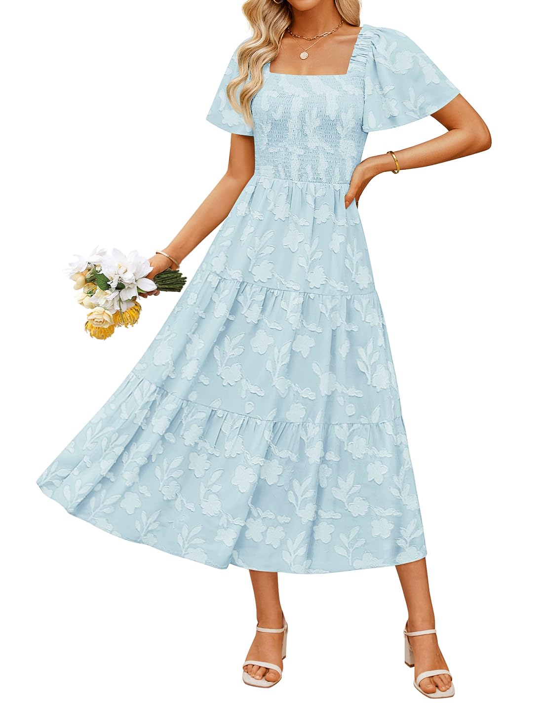 Photo 1 of ZESICA Women's Summer Boho Floral Midi Dresses 2025 Casual Short Sleeve Square Neck Flowy Beach Vacation Long Dress,Blue,Small