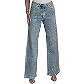 Quzzion Women's Rhinestone Jeans High Waist Sright Leg Baggy Y2K Sparkly Vintage Wash Trousers Denim Pants