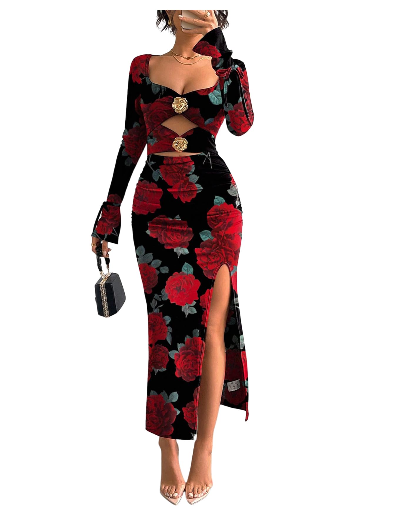 Photo 1 of MakeMeChic Women's Fall Wedding Guest Dresses Elegant Floral Cut Out Sweetheart Long Sleeve Split Bodycon Maxi Dresses Multicolor Medium