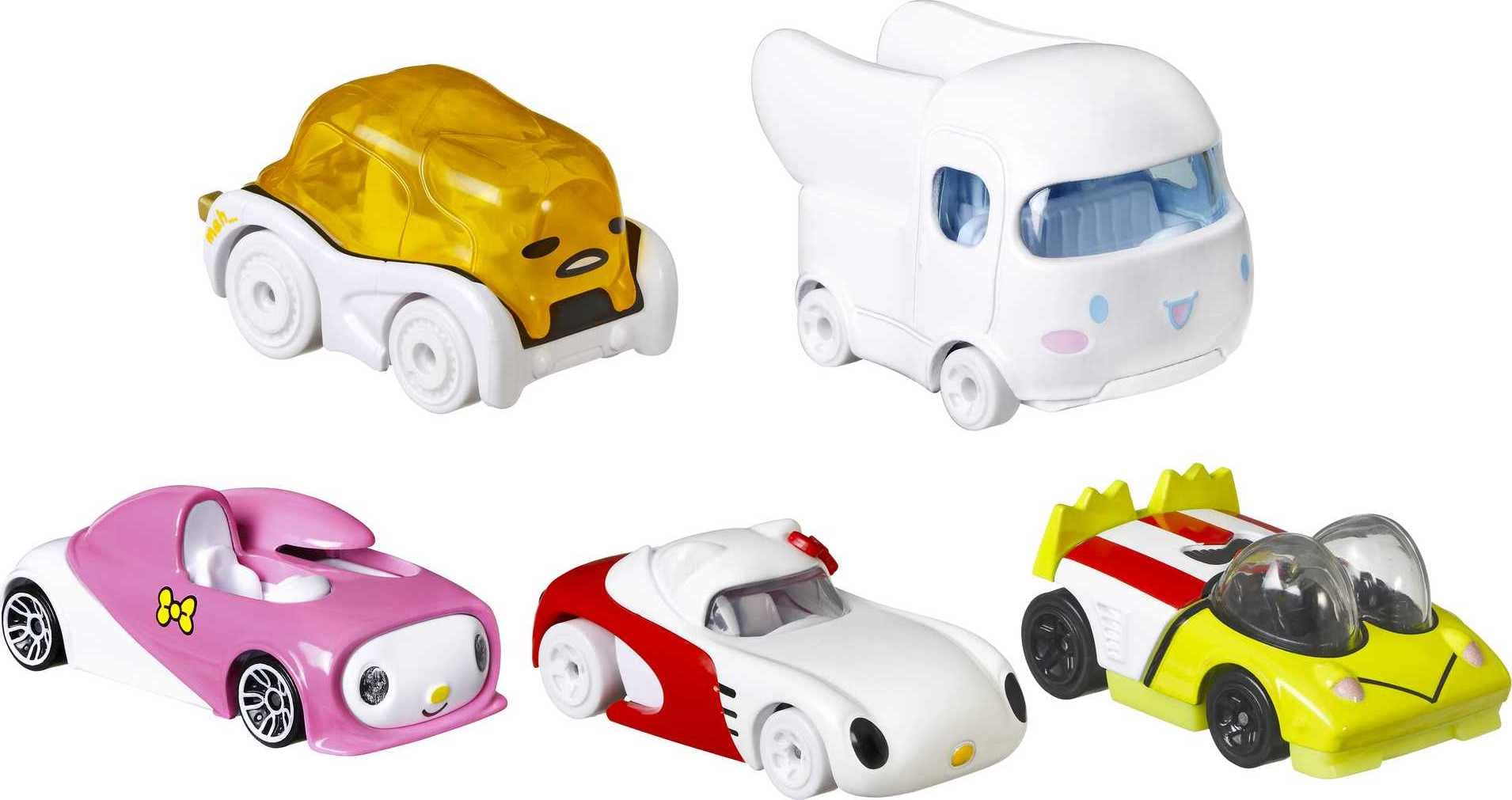 Hot Wheels Hello Kitty and Friends DieCast CHARACTER CARS Set of 5 Car Models - Keroppi Gudetama Cinnamoroll My Melody - Scale 1:64 - Length 5 cm