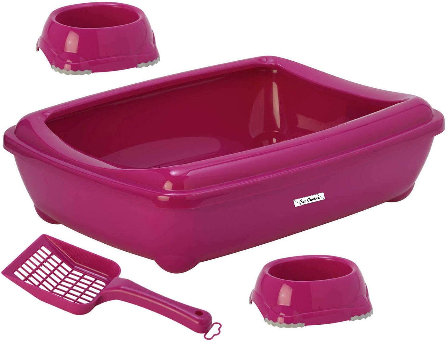CatCentre® Pink Large Deep Cat Litter Tray With Rim + Two 0.3L Bowls