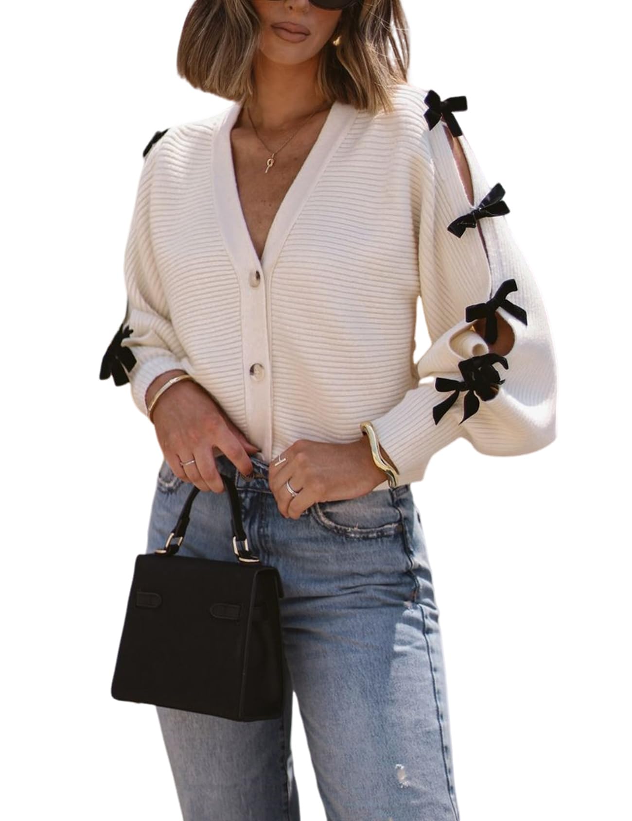 Photo 1 of Arssm Women V Neck Long Sleeved Bow-Knotted Knitted Cardigan Button Sweet Darling Bow Embellished Cardigan(White-L)