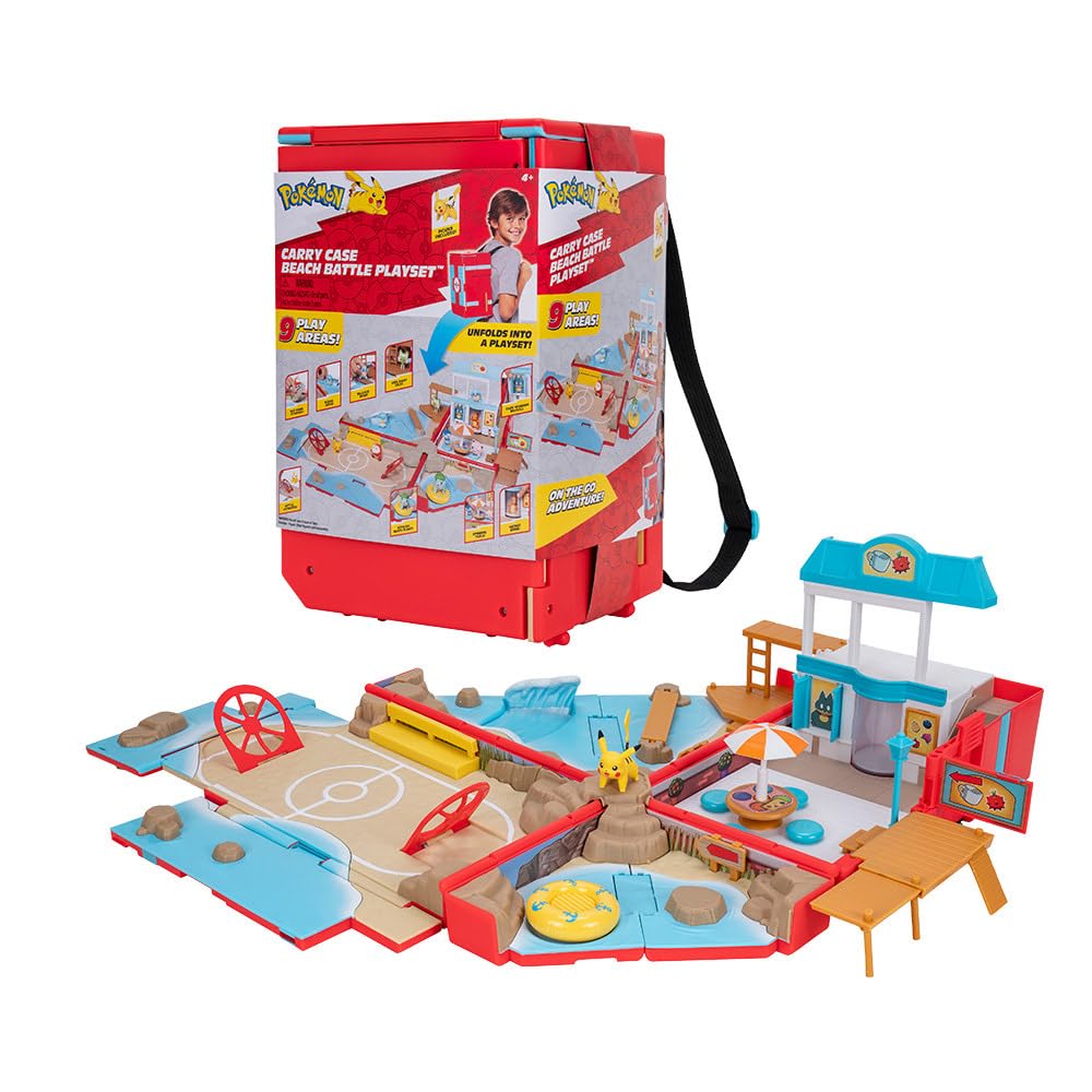 Jazwares Pokémon Carry Case Beach Battle Playset - Portable Transforming Backpack Playset with Action Features and 2-inch Pikachu Battle Figure