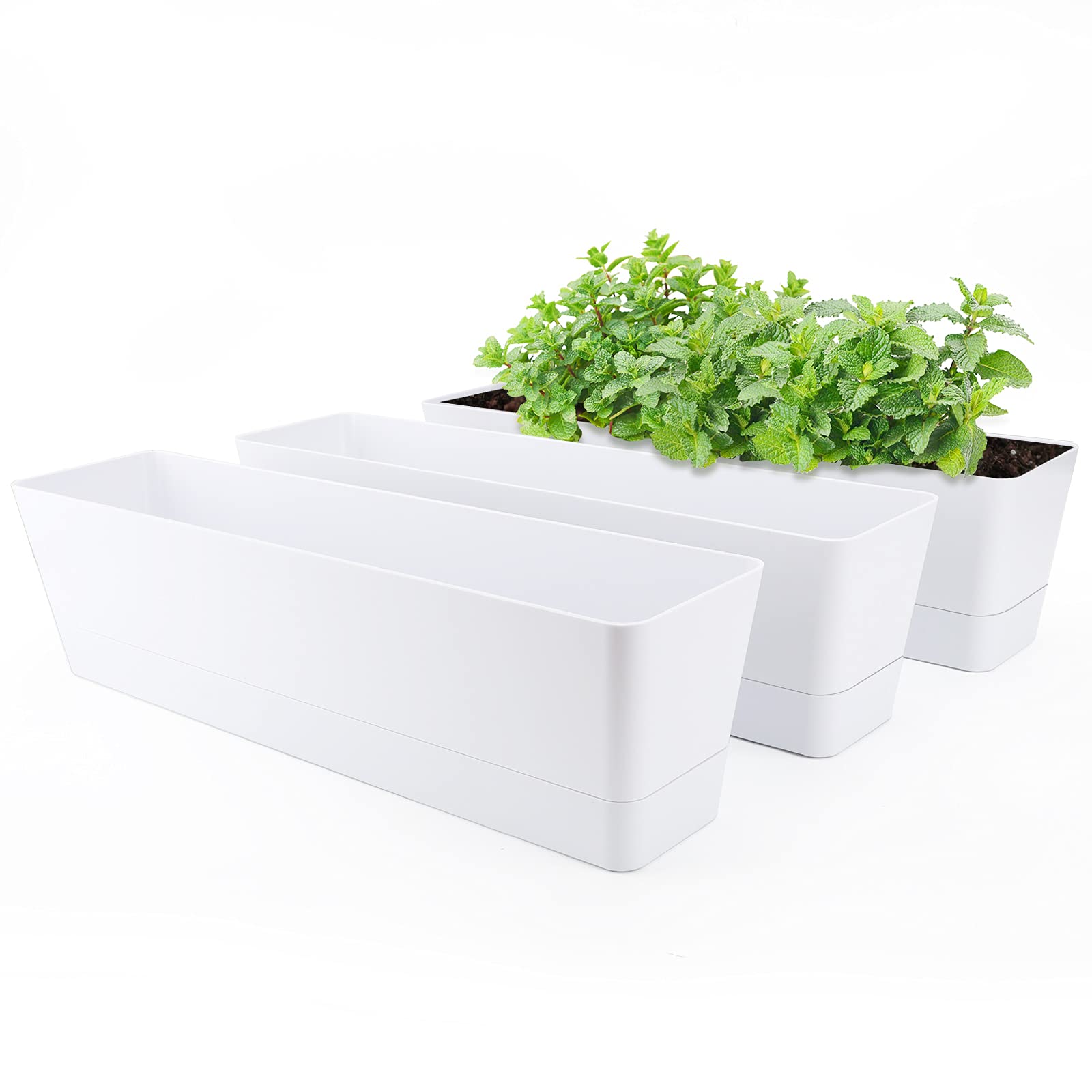 GREANER Window Boxes Planters, 3PCS 16x3.8 Inch Large Herb Planters with Tray, Indoor Succulent Cactus Flowers Vegetable Plastic Rectangle Pot for Balcony, Office, Garden, Outdoor, Windowsill (White)
