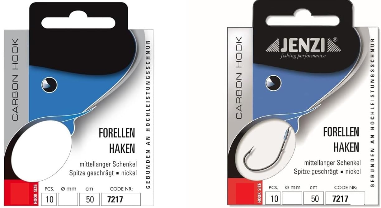 Set: 2 packs of Jenzi tied trout hooks (20 pieces) mono, 50 cm hook size 2, 4, 6, 8, 10, 12 depending on selection, plus free Petri Heill sticker (hook size 8)