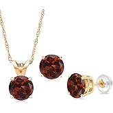 Gem Stone King 14K Yellow Gold Red Garnet Pendant Earrings Jewelry Set For Women | 1.65 Cttw | Gemstone January Birthstone | Round 5MM | with 18 Inch Chain
