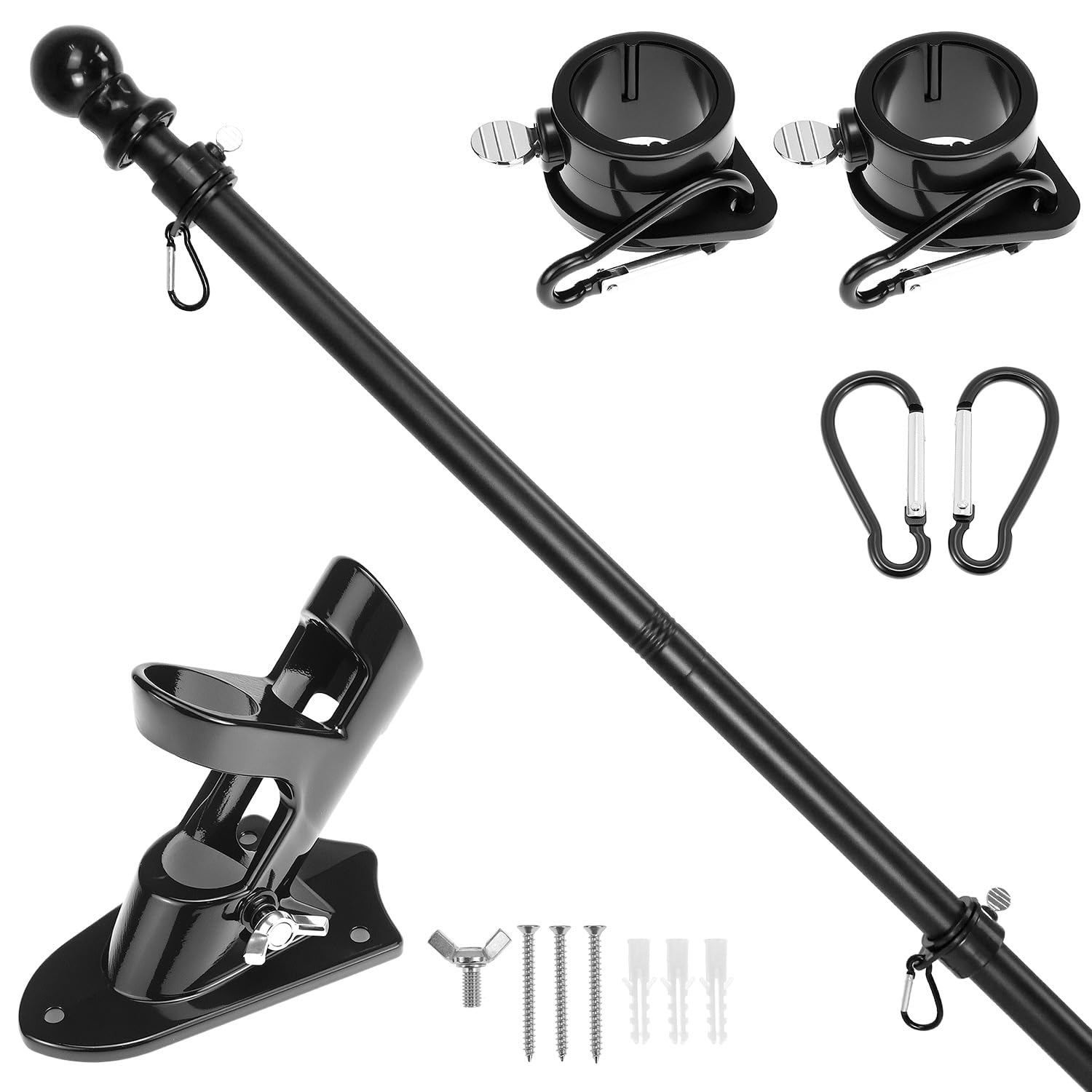 QWORK® Tangle Free Flag Pole Kit - 6FT (1.8M) Metal Flag Pole with Wall Bracket and 360° Rotating Rings - for Outside House Garden Commercial