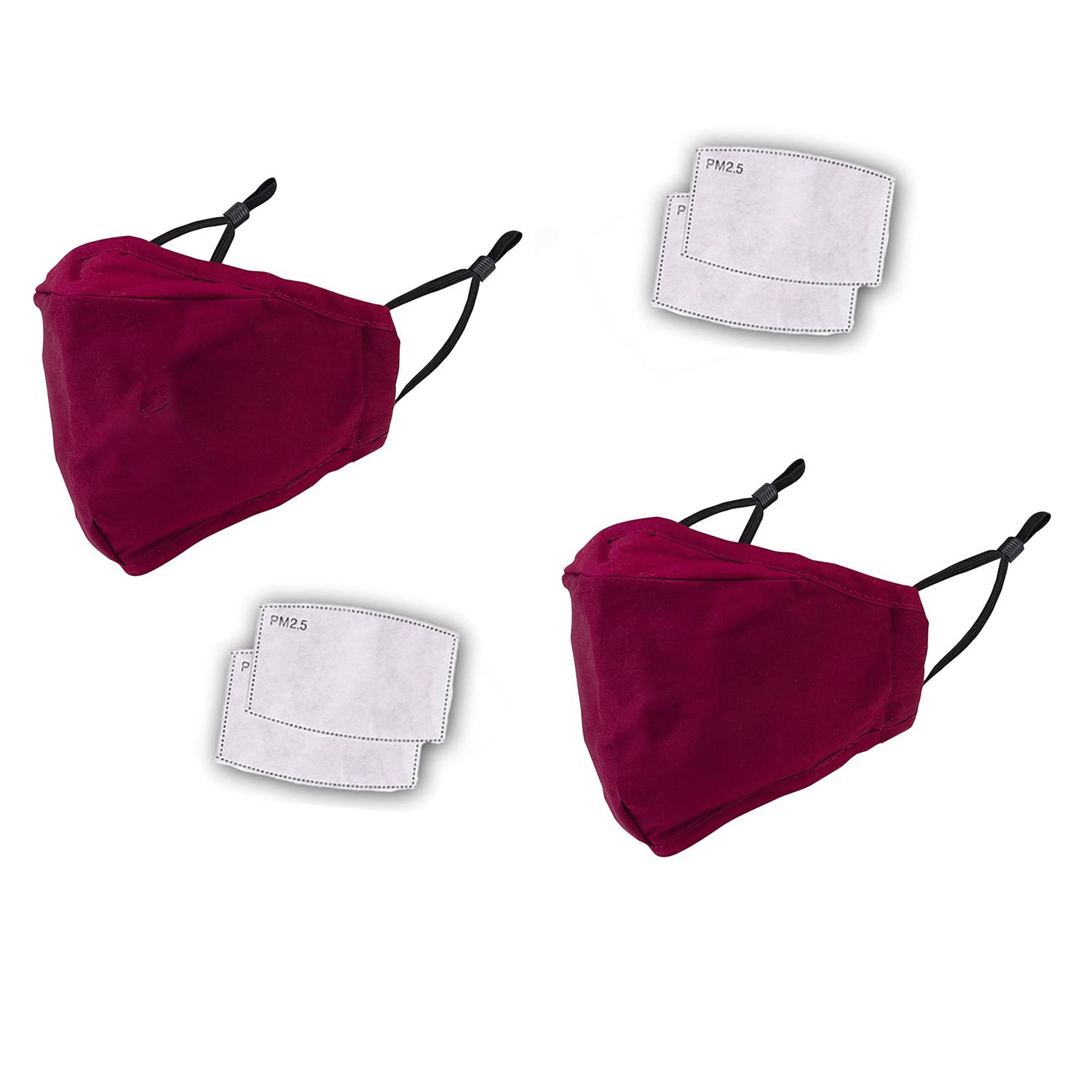 WedDecor Breathable Cotton Face Mask, Machine Washable, Reusable Safety Masks, Comfortable & Stretchable Drawstring Elastic, Face Covering, With Filter, Red - 2pcs