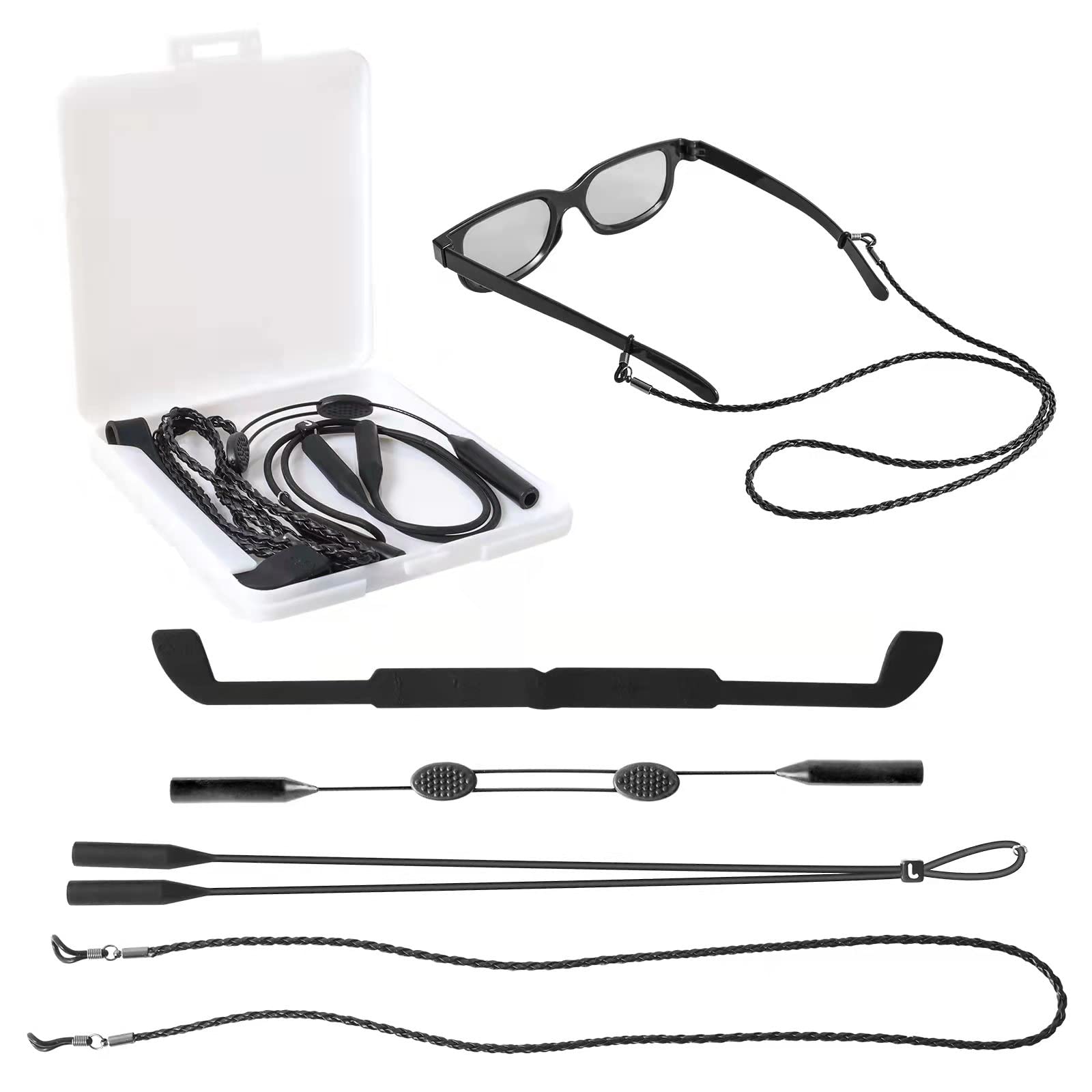 Photo 1 of Sunglasses Strap, Eyeglass Frame, Safety Glasses Holder, Adjustable Glasses, Adjustable Sunglasses Cord Lanyard Neck for Men Women Kids, 4 Styles and Materials, 1 Storage Box, Black