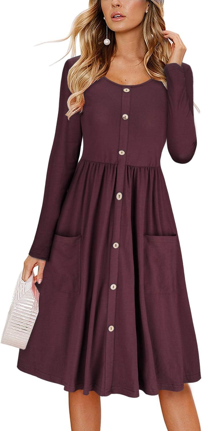 Women's Long Sleeve Dresses Casual Button Down Midi Dress with Pockets