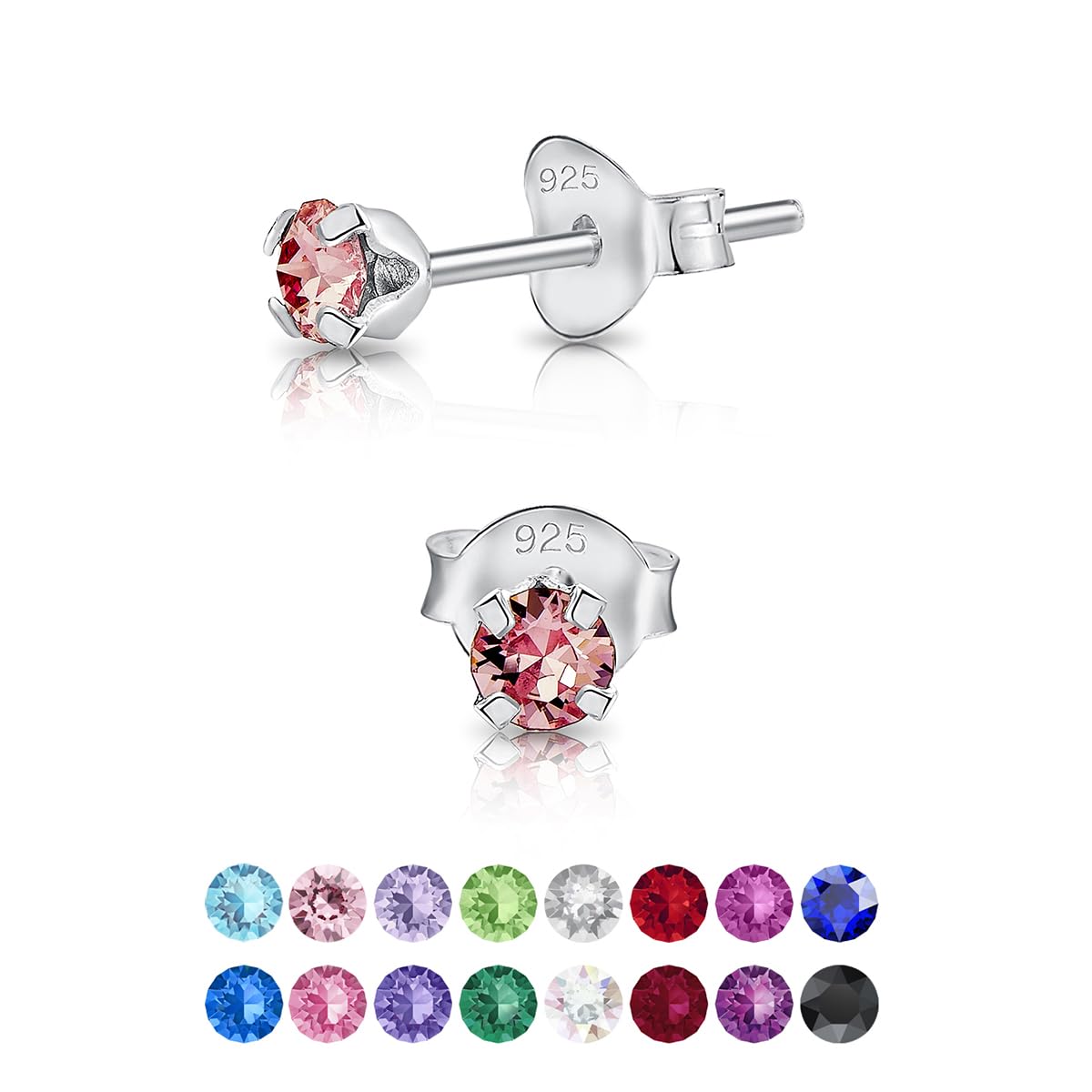 925 Sterling Silver Round Tiny Stud Earrings made with Glittering Crystals - Small Silver Studs Earrings for Woman - Diameter: 3 mm - Colour : Light Rose