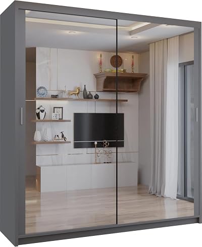 SLIDING WARDROBE 4U Double Mirror Sliding Door Wardrobe Grey 90cm