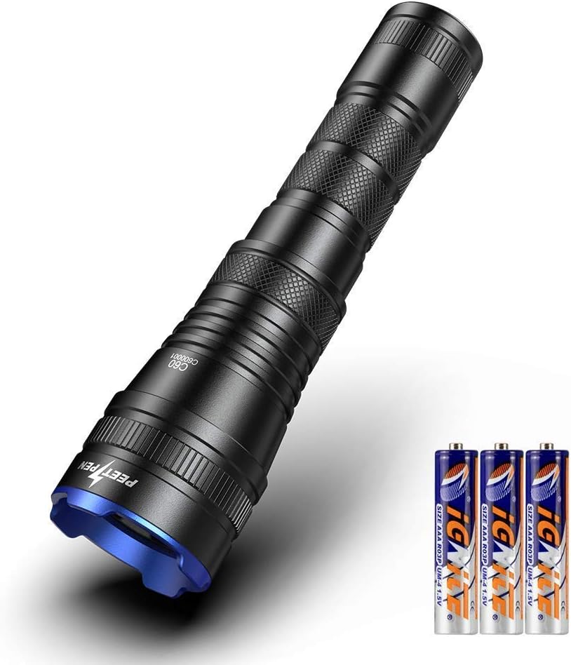 Led Torch Flashlight LED Zoomable Flashlight 1000 Lumen 4 Light Modes IPX6 Waterproof with 6 pcs AAA Batteries, for Household, Leisure, Camping, Hiking and Emergencies