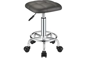 FNZIR Square PU Cushion Rolling Stool with Wheels Height Adjustable Swivel Stools Chair Grey