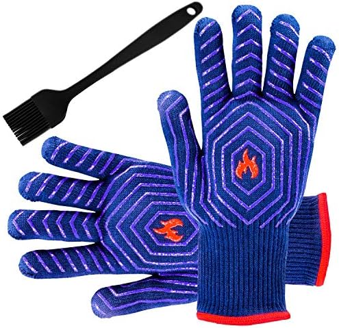 UNEEDE BBQ Gloves Oven Proof Gloves 932ยฐF BBQ Heat Resistant Gloves BBQ Oven Mitt Heavy Duty Cotton Cooking Glove Silicone Insulated for Barbecue,Kitchen,Camp Cooking,Gardening,Fireplace