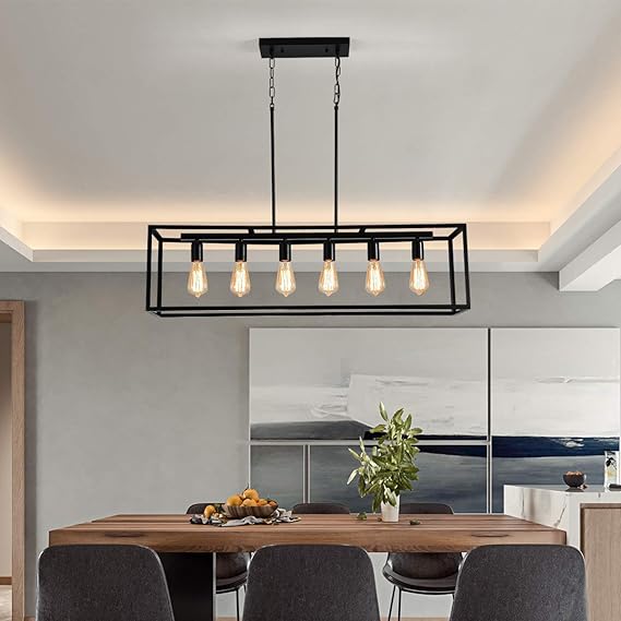 Garwarm 6 Light Rectangle Chandelier, Black Metal Linear Modern Pendant