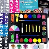 Face Paint Kit for Kids - Trendy Makeup Kit - Includes Makeup Sponge, Palette, Body Glitter - Professional Painting Kit - 30 Stencils, 11 Colors, 3 Glitters, 5 Crayons, 4 Sponges, 4 Glow Paints