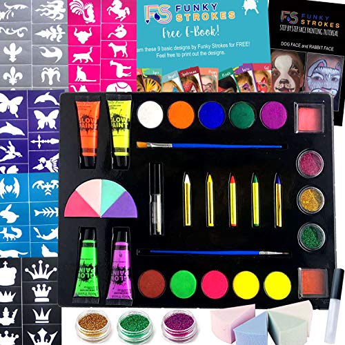 Face Paint Kit for Kids - Trendy Makeup Kit - Includes Makeup Sponge, Palette, Body Glitter - Professional Painting Kit - 30 Stencils, 11 Colors, 3 Glitters, 5 Crayons, 4 Sponges, 4 Glow Paints