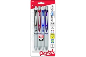 Pentel EnerGel Pearl RTX Retractable Liquid Gel Pen, (0.7mm), Medium Line, Needle Tip, Assorted Ink Colors, Pack of 4 (BLN77WBP4M)