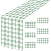 AVXINSOK 6 Pcs Sage Green Gingham Table Runner Plastic 14 x 108 Inch Disposable Sage and White Runner for Birthday Party Baby Shower Tabletop Centerpieces Decorations Checkered Table Runner